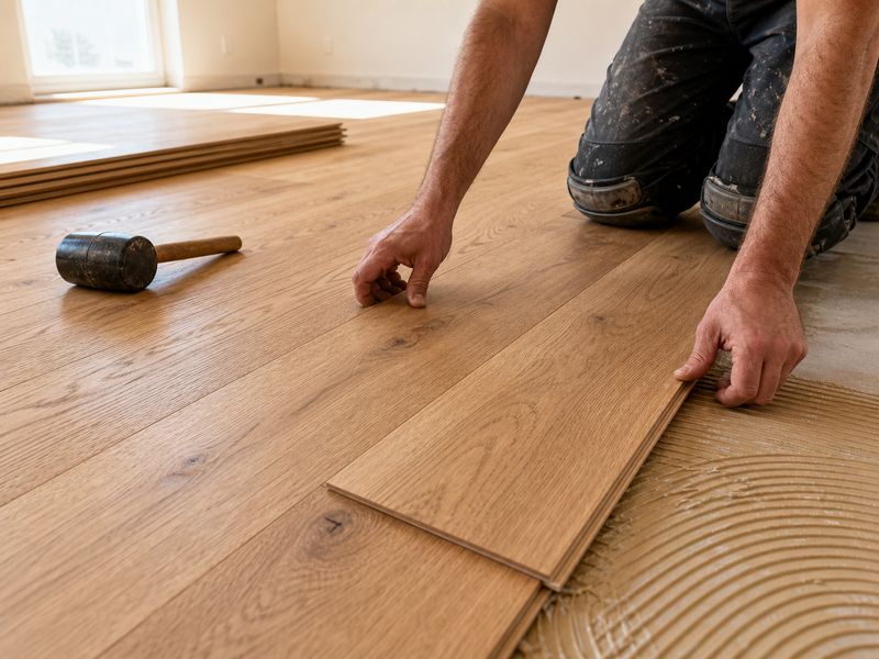 Craftsman fitting wide-plank oak engineered flooring in a light-filled room