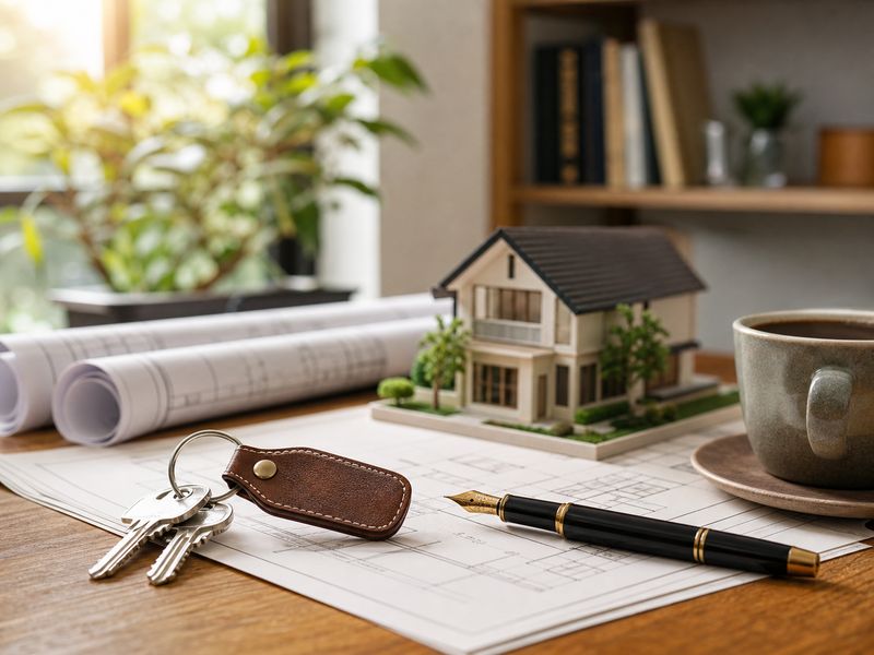 Desk with house keys, an architectural model, rolled plans and a pen