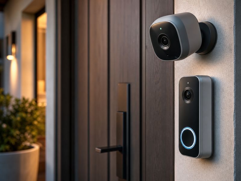 Smart video doorbell and security camera fitted beside a timber front door